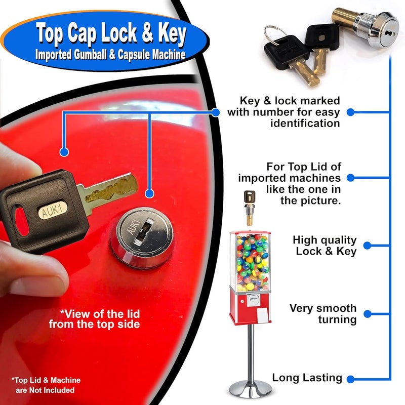 ACKSTAR Store Gumball Machine Lock and Key - Top Lid Lock & Key for Gumball Vending Machine with Metric Thread M6-1.0 mm Center Rod. 2in Capsule Machine & Candy Machines - Replacement Part - (2pc-Flat Key Auk 1) - Image 5